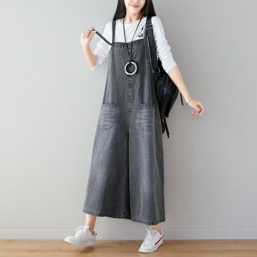 Wide Leg Denim Overalls Women Baggy Suspenders bib Cowboy pants plus size XXL Low Drop Crotch casual pocket jean Jumpsuits