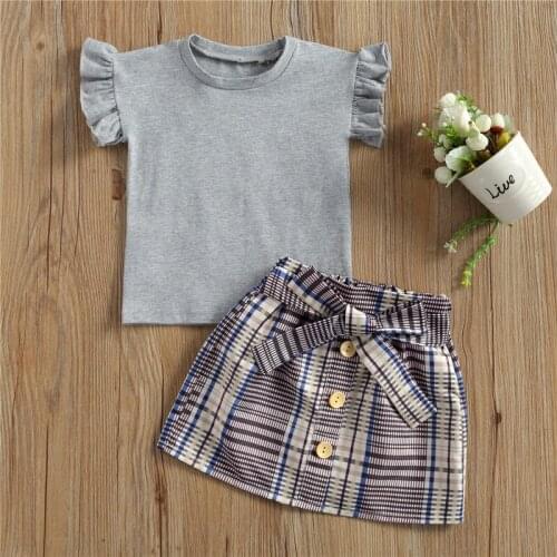 Kids Baby Girls 2-piece Outfit Set Short Sleeve Solid Color Tops+Plaid Skirt Set for Children Girls Clothing