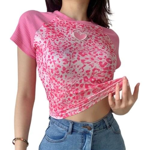 Crop T-Shirts Women Sexy Leopard T-shirt Summer Fashion Heart Short Tees Embroidery Crop Top Clothing