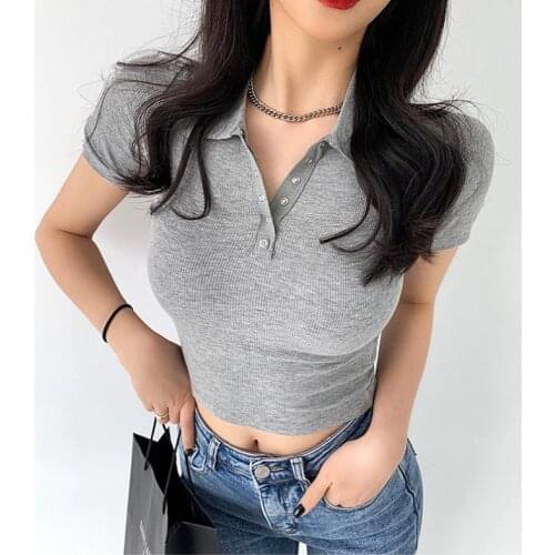 GGRIGHT Button Crop Top Women Short T-Shirt Polo Collar Vintage Korean Fashion Clothes Black 2021 Summer Woman White Haut Femme