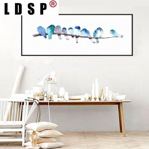 LDSP Blue Watercolor Birds Animal Long Banner Canvas Painting Wall Art Print Poster Picture Modern Living Room Home Decor