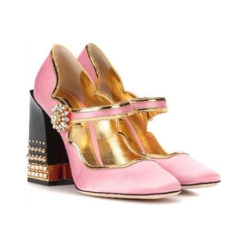 Rome Style Crystal Chunky Heel Dress Shoes Women Fashion Buckle Pink Color Gladiator High Heel Pumps Thick Heel Party Shoes