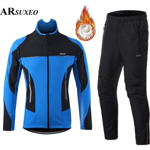 ARSUXEO Men Cycling Jacket Winter Fleece Thermal Windproof Waterproof MTB Bike Jerseys Set Bicycle Clothing Warm Up Reflective