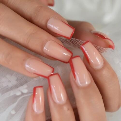 Medium Nude Clear Fake Nails With Red Rim U Press On Nail Whole Cover French Fingernails Set 24pcs