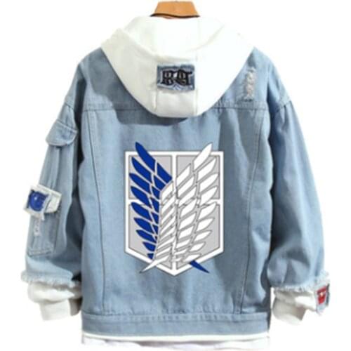 New Anime Attack on Titan Uzumaki Cosplay Jeans Jacket Scout Regiment Cosplay Denim Jacket Warm Hooded Sweatshirt Outwear Coat