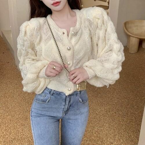 Hzirip Wave Pattern Solid Knitting Sweater Women O-Neck Single Breasted Sweater 2021 Autumn Office Lady Loose Fashon Elegant