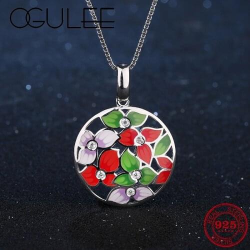 OGULEE Fashion Pendant Necklace for Women Jewelry 925 Silver Fine three-color flowers AAA Zirconia Necklace Handmade Enamel