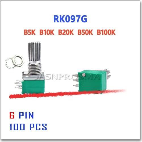 JASNPROSMA RK097G 100PCS B5K B10K B20K B50K B100K 6PIN 5K 10K 20K 50K 100K potentiometer switch 15mm Double audio