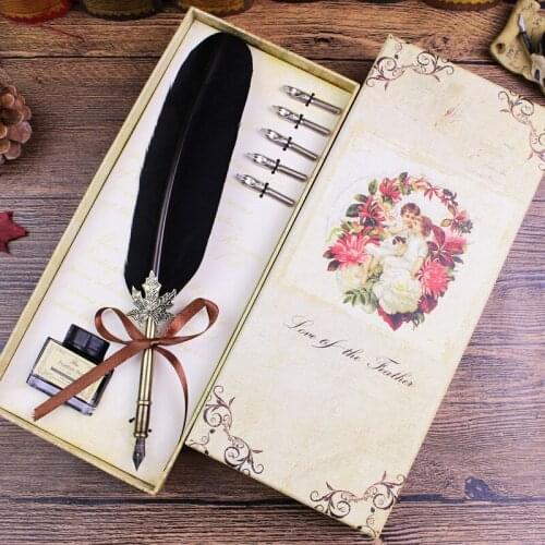 Feather Pen Retro Gift Set Gift Rooster Powder Twill Pen Valentines Day Christmas Gift High quality goods