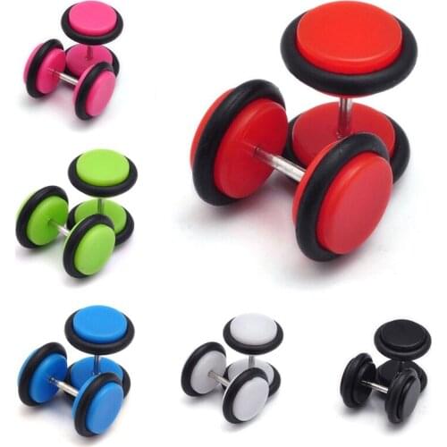 Pinksee 1Pair Simple Fashion Colorful Acrylic Stainless Steel Barbell Fake Ear Plugs Gauge Men Women Punk Body Piercing Jewelry