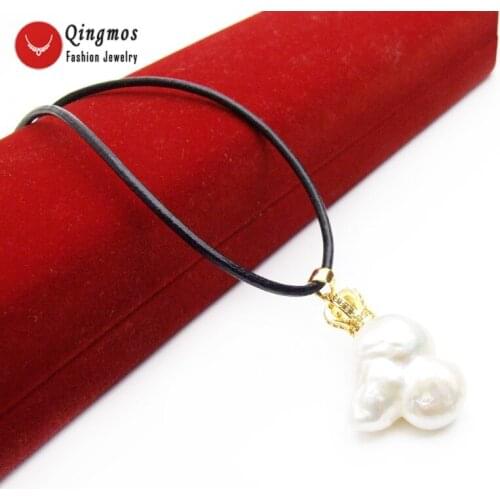 Qingmos Trendy Baroque White Pearl Pendant Necklace for Women with Crown Pendant Connector Chokers 17" Leather Rope Jewelry 6523