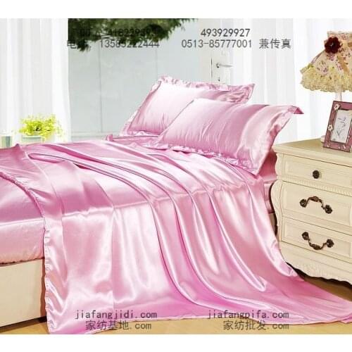 Pink natural mulberry silk satin bedding set solid king size queen quilt duvet cover bed sheet bedspread