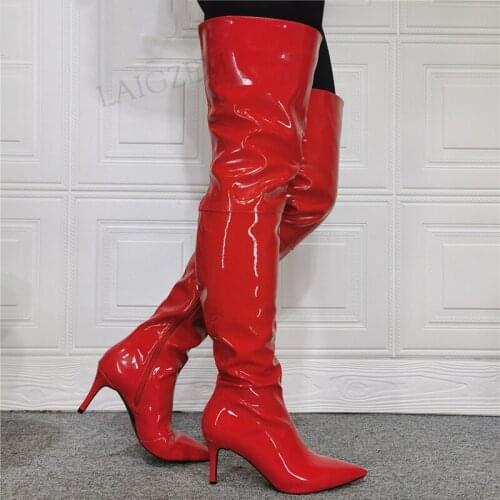 BERZIMER Women Thigh High Heels Boots Shiny Side Zip Thin Heels Red Party Prom Ladies Female Shoes Woman Big Size 40 42 44 47
