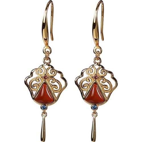 S925 sterling silver gold plated southern red agate ear hook vintage Xiangyun fan earring pendant for ladies earrings