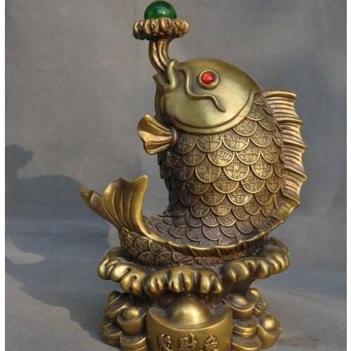 Old China Feng Shui brass auspicious wealth yuanbao coin fish spit bead statue