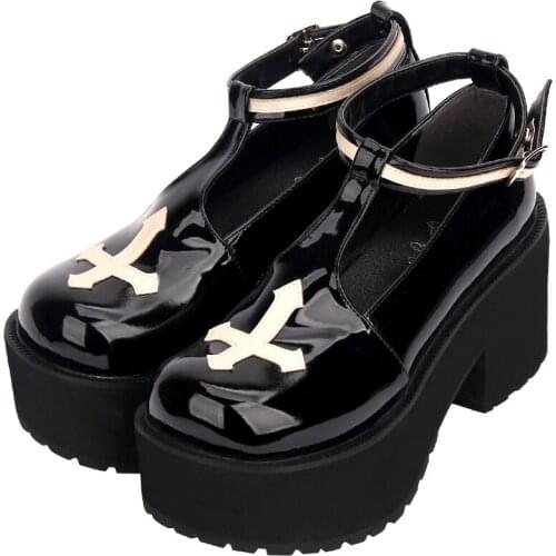 Platform Black Punk Lolita Shoes Crucifix Cross Pattern Design Round-toe Japanese Gothic Girl Loli Shoes Anime Cosplay High Heel