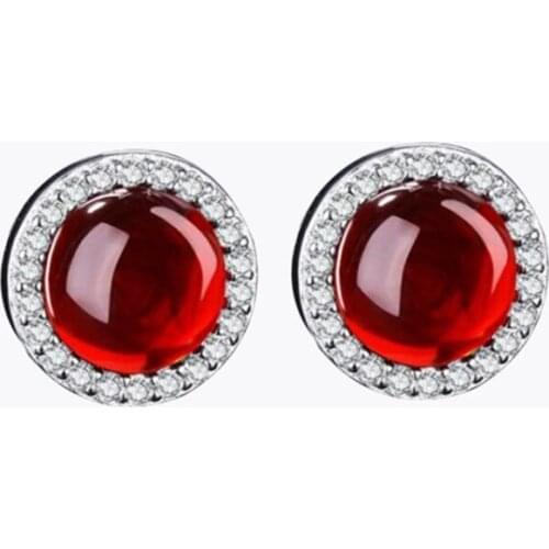 FYJS Unique Silver Plated Red and Green Agates Round Cabochon Stud Earrings with Cubic Zirconia Jewelry