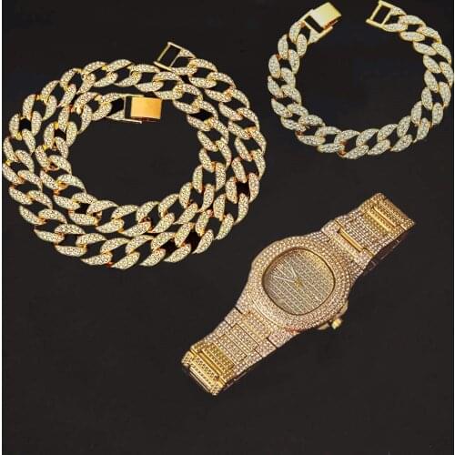 Rock Hip Hop Miami Curb Cuban Chain Men Choker Iced Out Paved Rhinestone Bling Chain for Men Jewelry Set Watch Necklace Bracelet