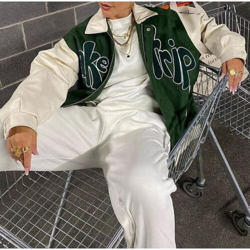 Women Letter Green Jackets American Streetwear College Style coat Down Collar Loose Tops Harajuku Y2K Oversized Baseball Uniform