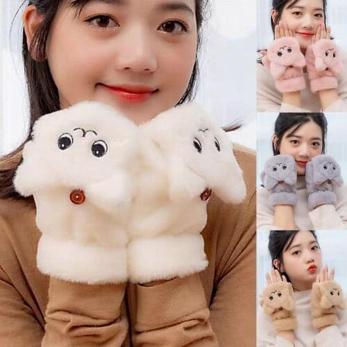 Women Flap Over Cartoon Cats Girls Gloves Women Hand Wrist Warmer Winter Half Finger Gloves Mitten Wrist-length Ladies