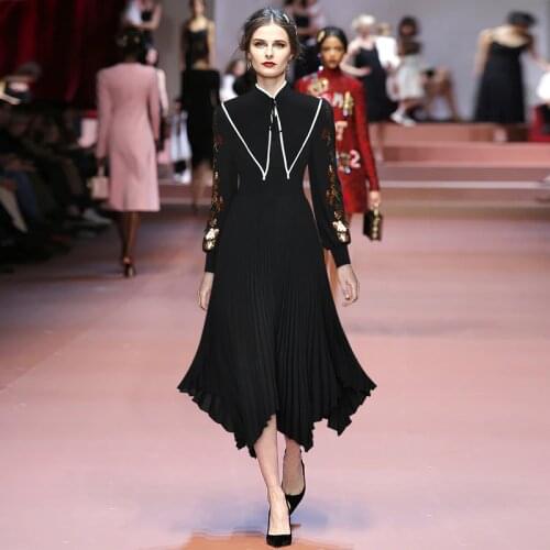 New Runway Black Long Sleeve Embroidered Dress Womens Dress 210122LJ02