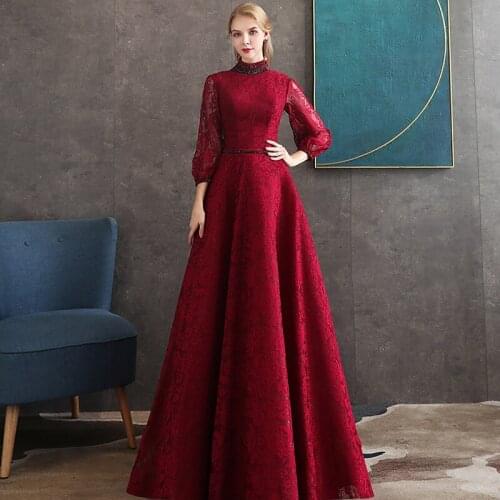 Vintage Lace Evening Dress Halter-Neck 3/4 Long Sleeve A-Line Pageant Women Dress Lace-Up For Back Party Prom Dress Real Photo