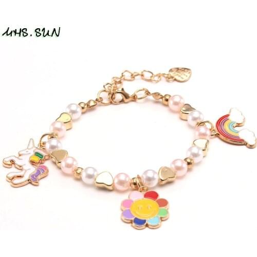 MHS.SUN New Unicorn/Rainbow/Flower Pendant Bracelets Girls Baby Pearl Heart Beads Bracelet Bangles Kids Cute Gifts