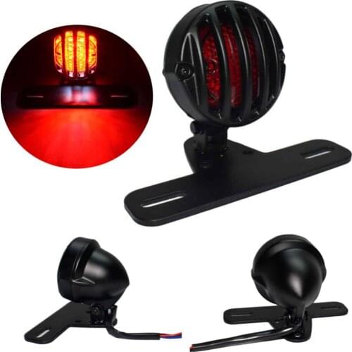 Black Grille Lens RED Vintage Led Brake Tail Light License Plate Lamp Motorcycle Custom For Harley Honda
