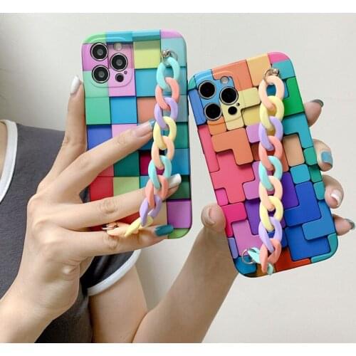 Colorful 3D Block Chain Phone Case For iPhone 11 Pro Max 12 Mini 7 8 Plus X XR XS SE 2020 2 Soft Silicone Wrist Strap Back Cover