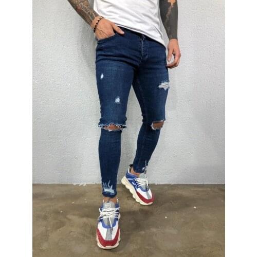 Men Ripped Jeans Black Blue Cool Skinny Knee Hole Stretch Slim Elastic Denim Pants Solid Color High Street Style Trousers Man