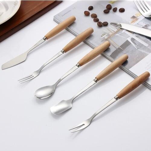 Stainless Steel Wooden Handle Dinner Fork Dessert Spoon Knife Coffee Teaspoon Cake Fruit Forks Kitchen Tableware Dinnerware