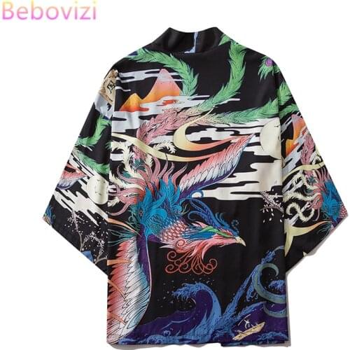 Phoenix Print Men Women Harajuku Japanese Fashion Kimono Cardigan Shirt Blouse Haori Obi Asian Clothes Ao Dai