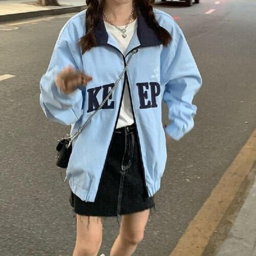 Korean punk jacket womens letter embroidery casual vintage autumn long-sleeved coat streetwear Harajuku Oversized outerwear
