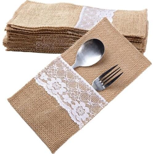 HOT Jute Cutlery Bag Cutlery Holder Natural Knife And Forks Set Wedding Vintage Table Decoration For Wedding Christmas Party