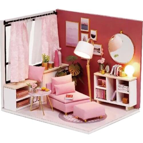 Miniature Dollhouse DIY Pink Study Reading Room House Wooden Puzzle Kit w/ Led Lights & Furniture Valentines Day Gift Happy Life