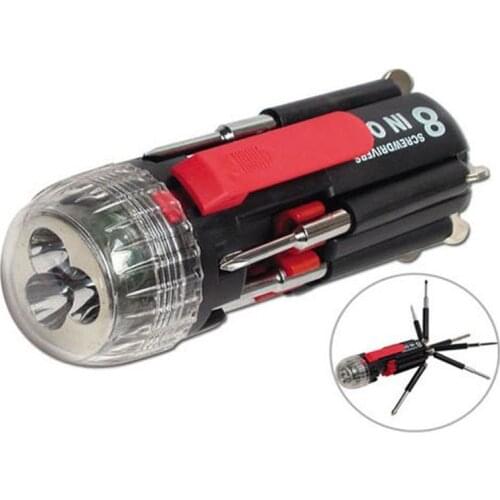 8 in one Multi Screwdriver with LED Flashlight Torch Hand Tools Multi-functional Flashlight Slotted Phillips Hex Screw Driver