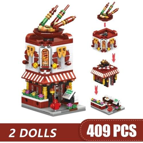 Small Building Blocks Compatible Street View Food Shop Hot Pot Model Bricks Set Gift for Girls Boys Children DIY