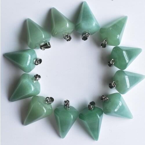 Wholesale 12pcs/lot 2020 fashion natural green aventurine stone hexagon pyramis shape pendants charms for jewelry making free