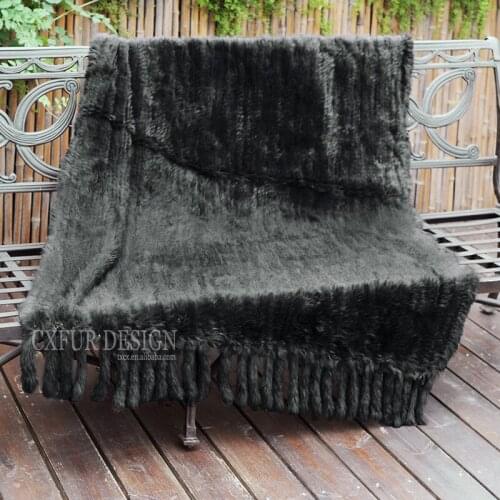 CX-D-20P Many Colors Handmade Genuine Rabbit Fur Knitted Fur Throw With Fringes