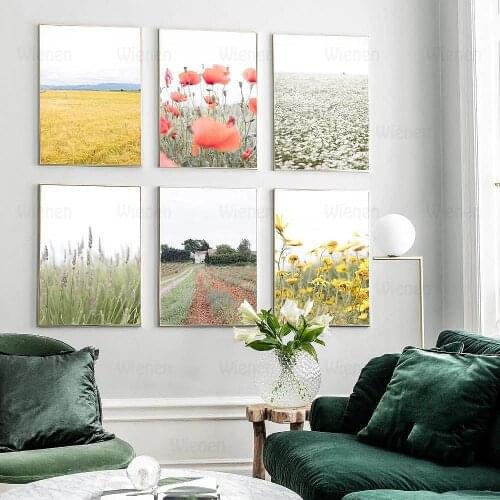 Pastoral Style Poster Early Morning Countryside Nature Landscape Wall Art Flower Grass Field Canvas Painting Picture for Home