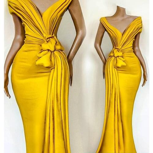 Stunning Yellow Evening Dresses Pleats Knoted Mermaid Off the Shoulder Formal Party Celebrity Gowns For Women Occasion Wear