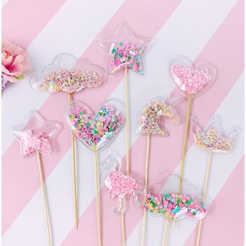 Princess Prince Fairy Transparent Cake Topper Heart Star Crown Cloud Confetti Cake Topper Wedding Birthday Party Cake Decoration
