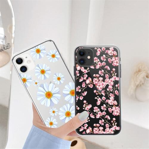 Transparent Cute Flower Daisy Leaves Pattern Phone Case For iPhone 11 12 Pro Max X XR XS Max Mini 7 8 Plus SE 2020 Soft TPU Back