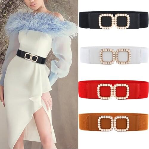 New Elastic Wide Belt Stretch Pearl Alloy Gold Square Buckle Cummerband Lady Party Black Waistbands For Dress Waist Seal Women