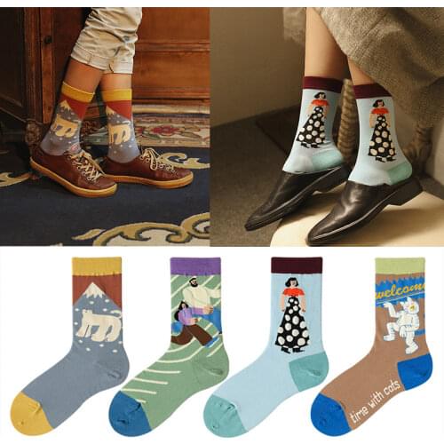 Illustration Series Autumn and Winter Original Korean Cute Cartoon Illustration Animal Color Cotton Socks for Men and Women