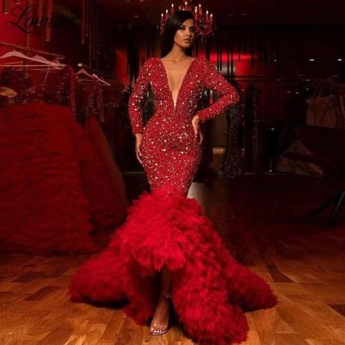 Red Mermaid Evening Dress Silver Beaded Crystals Deep V Neck Middle East 2020 Dubai Long Sleeves Arabic Celebrity Dresses Prom