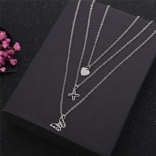 Vintage Silver Color Multi-layer Necklace Female Fashion Heart Butterfly Pendant Necklace for Women Bohemian Jewelry Long Chain