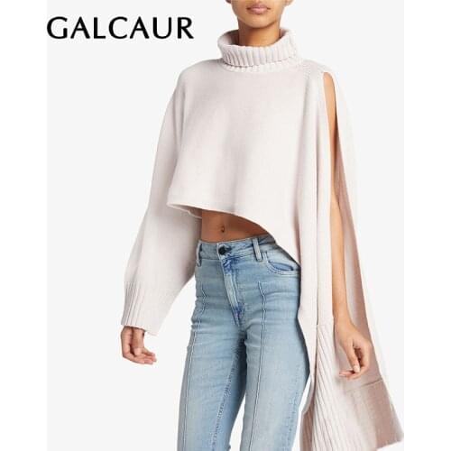 GALCAUR Oversized Sweater For Women Turtleneck Long Sleeve Hollow Out Designer Split Asymmetrical Hem Sweaters Female 2020