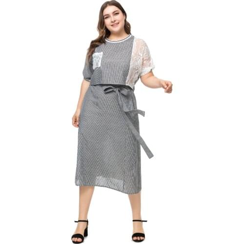 2021Summer New Fashion European Large Size Womens Round Neck Stitching Lace Top + Elastic Waist Skirt Fresh Sweet Two-piece Set