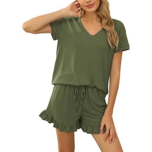 Women Outfit Summer Solid Color Drawstring Two Piece Set V Neck Short Sleeve T-shirt Ruffles Shorts Set Casual Sports Suit